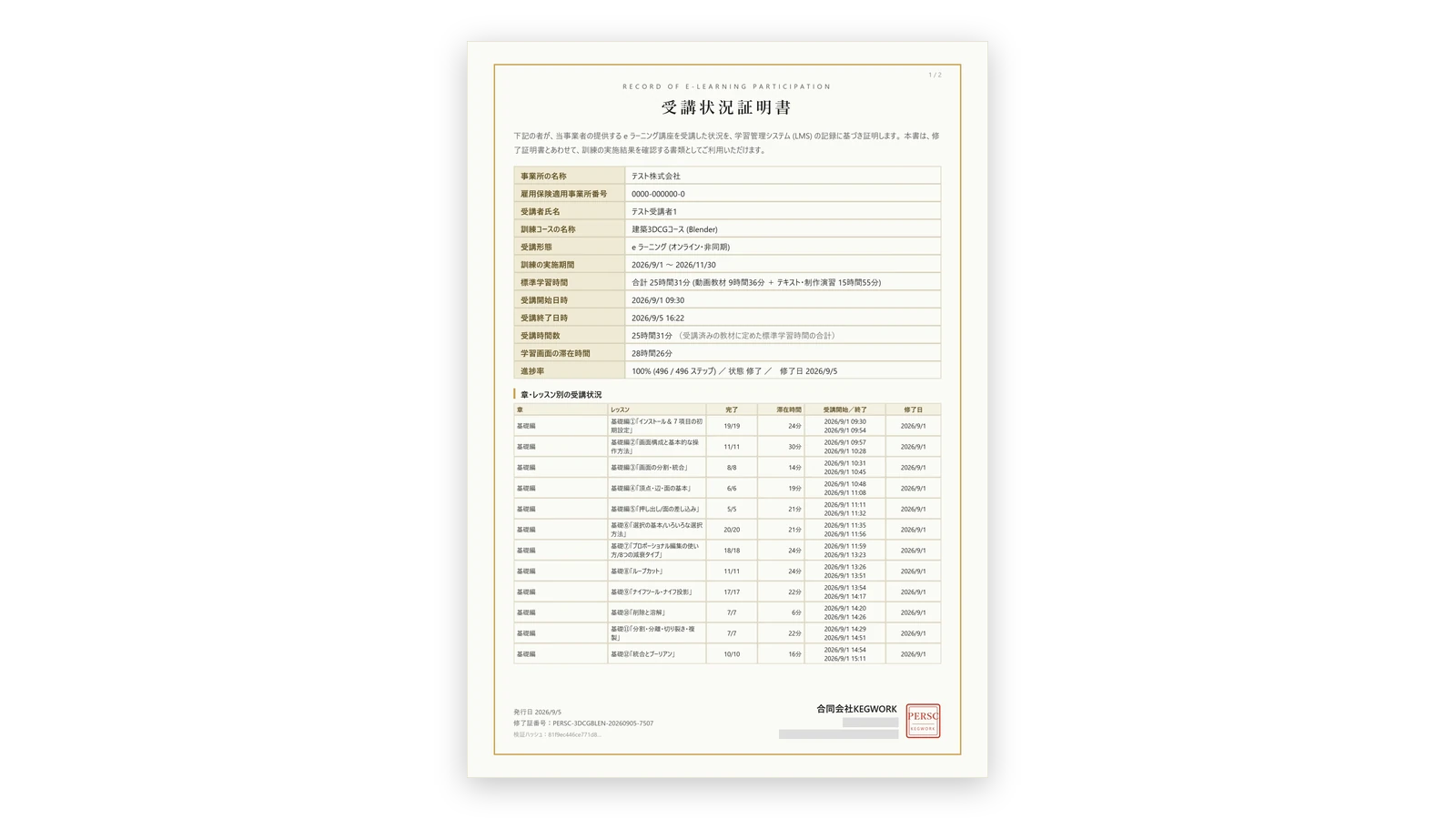 受講状況証明書の見本。事業所の名称・受講者氏名・訓練の実施期間・受講開始日時と終了日時・学習画面の滞在時間・進捗率と、レッスンごとの受講状況の表が入っている。発行者の代表者名と住所は隠している